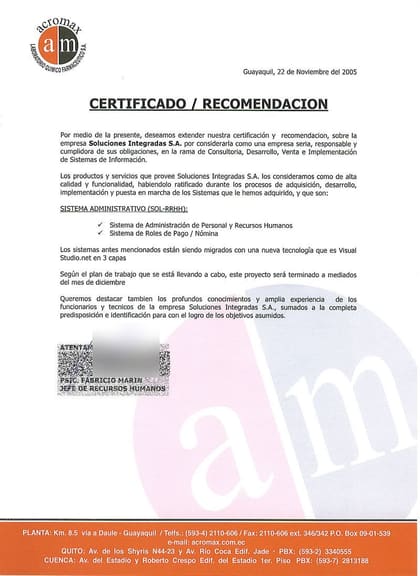 Carta de referencia de Acromax Laboratorio Químico Farmacéutico, 2005