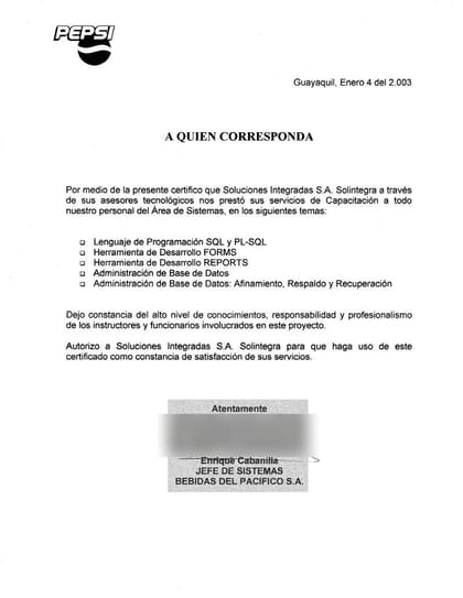 Carta de referencia de Bebidas del Pacífico S.A., 2003