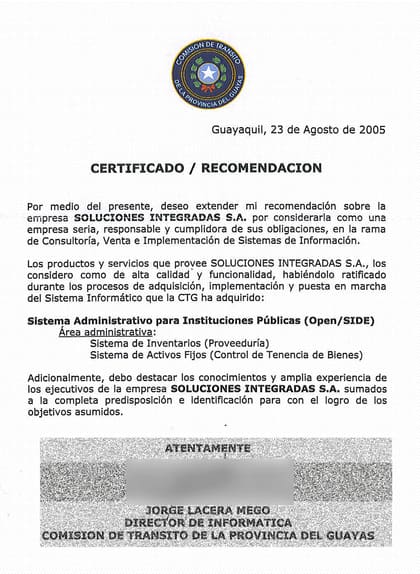 Carta de referencia de Comisión de Tránsito del Guayas, 2005