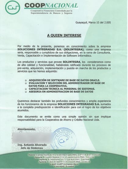 Carta de referencia de Cooperativa de Ahorro y Crédito Nacional, 2005