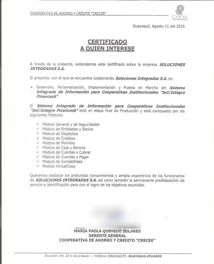 Carta de referencia de Cooperativa de Ahorro y Crédito Crecer, 2016