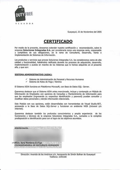 Carta de referencia de Duty Free Ecuador, 2005