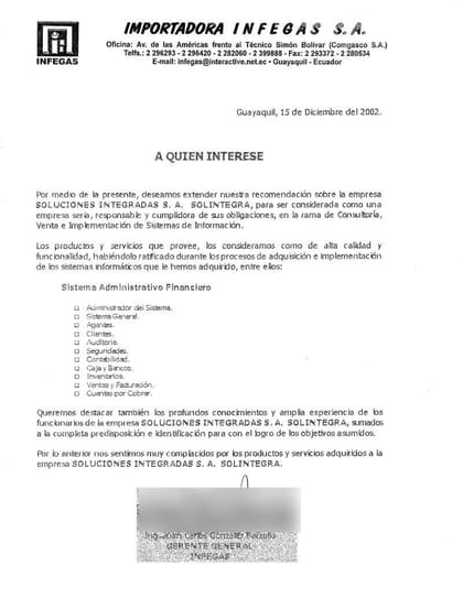 Carta de referencia de Importadora Infegas S.A., 2002