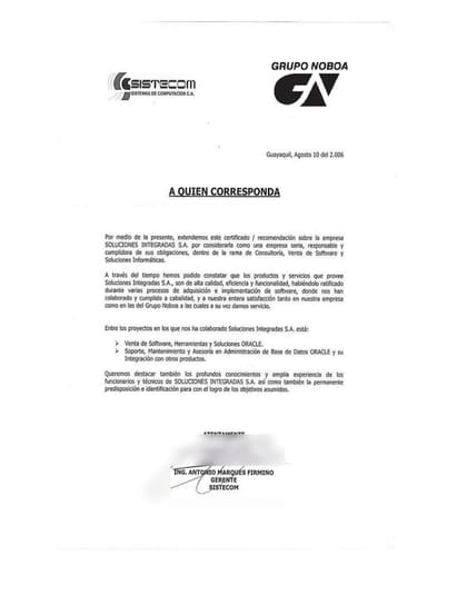 Carta de referencia de Sistecom · Grupo Noboa, 2006