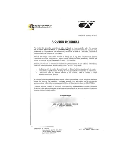 Carta de referencia de Sistecom · Grupo Noboa, 2011